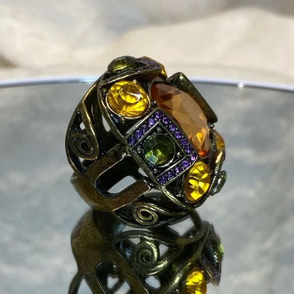 Vintage Large Antique Brass With Multicolored Glass Stones Cocktail Ring size 8 - Picture 6 of 8